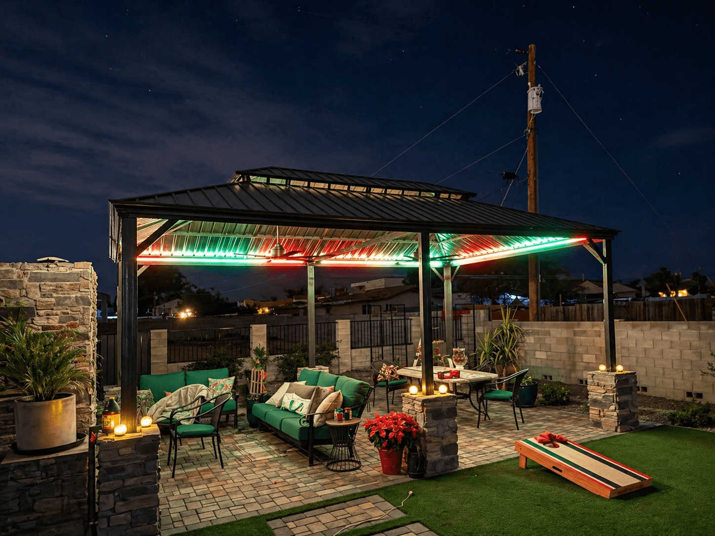 Permanent holiday lighting installed beneath an outdoor pavilion